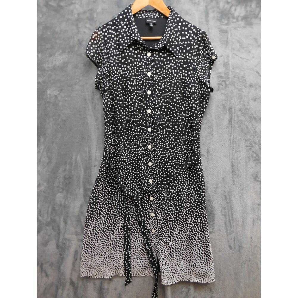 VOIR VOIR Shirt Dress Womens 12 Black Knee Length Polka Dot Chiffon Belted